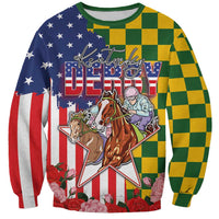 Kentucky Horses Racing Sweatshirt US Flag Grunge and Check Pattern Green Color