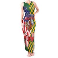 Kentucky Horses Racing Tank Maxi Dress US Flag Grunge and Check Pattern Green Color