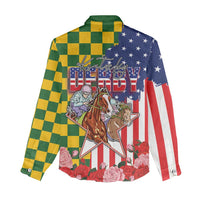 Kentucky Horses Racing Women Casual Shirt US Flag Grunge and Check Pattern Green Color