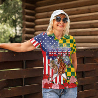 Kentucky Horses Racing Women Polo Shirt US Flag Grunge and Check Pattern Green Color