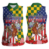 Kentucky Horses Racing Women Sleeveless Polo Shirt US Flag Grunge and Check Pattern Green Color