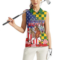 Kentucky Horses Racing Women Sleeveless Polo Shirt US Flag Grunge and Check Pattern Green Color