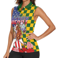 Kentucky Horses Racing Women Sleeveless Polo Shirt US Flag Grunge and Check Pattern Green Color