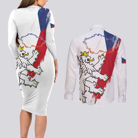 Czechia Independence Day Couples Matching Long Sleeve Bodycon Dress and Long Sleeve Button Shirt National Flag Brush Style and Bohemia Lion