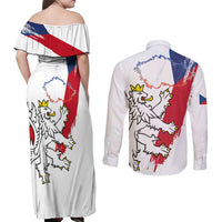 Czechia Independence Day Couples Matching Off Shoulder Maxi Dress and Long Sleeve Button Shirt National Flag Brush Style and Bohemia Lion