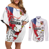 Czechia Independence Day Couples Matching Off Shoulder Short Dress and Long Sleeve Button Shirt National Flag Brush Style and Bohemia Lion
