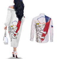 Czechia Independence Day Couples Matching Off The Shoulder Long Sleeve Dress and Long Sleeve Button Shirt National Flag Brush Style and Bohemia Lion