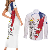 Czechia Independence Day Couples Matching Short Sleeve Bodycon Dress and Long Sleeve Button Shirt National Flag Brush Style and Bohemia Lion