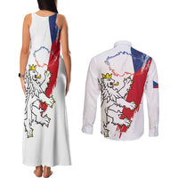 Czechia Independence Day Couples Matching Tank Maxi Dress and Long Sleeve Button Shirt National Flag Brush Style and Bohemia Lion