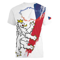 Czechia Independence Day Women V-Neck T-Shirt National Flag Brush Style and Bohemia Lion
