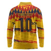 Ecuador National Football Custom Long Sleeve Polo Shirt Argyle Pattern With Grunge Flag Splatter Graphics