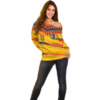 Ecuador National Football Custom Off Shoulder Sweater Argyle Pattern With Grunge Flag Splatter Graphics