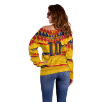 Ecuador National Football Custom Off Shoulder Sweater Argyle Pattern With Grunge Flag Splatter Graphics