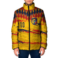 Ecuador National Football Custom Padded Jacket Argyle Pattern With Grunge Flag Splatter Graphics