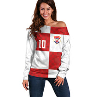 Croatia National Football Custom Off Shoulder Sweater Checkerboard Pattern with Glagolitic Script