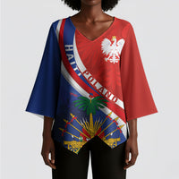 Personalized Haiti and Poland Cultural Fusion Kimono Sleeve Blouse White Eagle and Haitian Independence Symbols