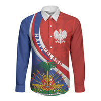 Personalized Haiti and Poland Cultural Fusion Long Sleeve Button Shirt White Eagle and Haitian Independence Symbols