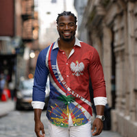 Personalized Haiti and Poland Cultural Fusion Long Sleeve Button Shirt White Eagle and Haitian Independence Symbols