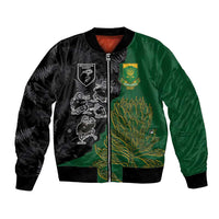 Custom Aotearoa South Africa Rugby Freedom Cup Bomber Jacket Kiwi Warriors Haka with King Protea Symbol - Wonder Print Shop