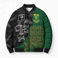 Custom Aotearoa South Africa Rugby Freedom Cup Bomber Puffer Jacket Kiwi Warriors Haka with King Protea Symbol - Wonder Print Shop