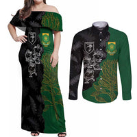 Custom Aotearoa South Africa Rugby Freedom Cup Couples Matching Off Shoulder Maxi Dress and Long Sleeve Button Shirt Kiwi Warriors Haka with King Protea Symbol - Wonder Print Shop