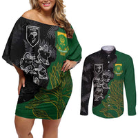 Custom Aotearoa South Africa Rugby Freedom Cup Couples Matching Off Shoulder Short Dress and Long Sleeve Button Shirt Kiwi Warriors Haka with King Protea Symbol - Wonder Print Shop