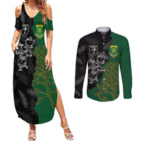Custom Aotearoa South Africa Rugby Freedom Cup Couples Matching Summer Maxi Dress and Long Sleeve Button Shirt Kiwi Warriors Haka with King Protea Symbol - Wonder Print Shop