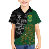 Custom Aotearoa South Africa Rugby Freedom Cup Family Matching Long Sleeve Bodycon Dress and Hawaiian Shirt Kiwi Warriors Haka with King Protea Symbol - Wonder Print Shop