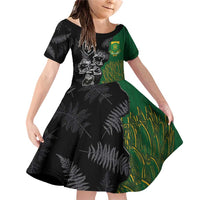 Custom Aotearoa South Africa Rugby Freedom Cup Family Matching Off Shoulder Short Dress and Hawaiian Shirt Kiwi Warriors Haka with King Protea Symbol - Wonder Print Shop