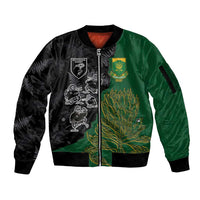 Custom Aotearoa South Africa Rugby Freedom Cup Sleeve Zip Bomber Jacket Kiwi Warriors Haka with King Protea Symbol - Wonder Print Shop