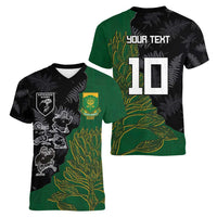 Custom Aotearoa South Africa Rugby Freedom Cup Women V-Neck T-Shirt Kiwi Warriors Haka with King Protea Symbol - Wonder Print Shop