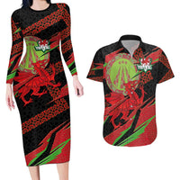 Welsh Celtic-Awen Couples Matching Long Sleeve Bodycon Dress and Hawaiian Shirt Wales Y Ddraig Goch with Celtic Knot Sporty - Wonder Print Shop