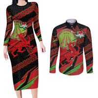 Welsh Celtic-Awen Couples Matching Long Sleeve Bodycon Dress and Long Sleeve Button Shirt Wales Y Ddraig Goch with Celtic Knot Sporty - Wonder Print Shop