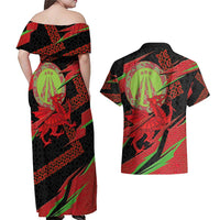 Welsh Celtic-Awen Couples Matching Off Shoulder Maxi Dress and Hawaiian Shirt Wales Y Ddraig Goch with Celtic Knot Sporty - Wonder Print Shop