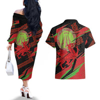 Welsh Celtic-Awen Couples Matching Off The Shoulder Long Sleeve Dress and Hawaiian Shirt Wales Y Ddraig Goch with Celtic Knot Sporty - Wonder Print Shop