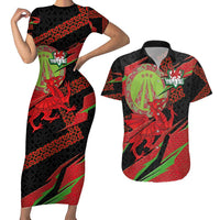 Welsh Celtic-Awen Couples Matching Short Sleeve Bodycon Dress and Hawaiian Shirt Wales Y Ddraig Goch with Celtic Knot Sporty - Wonder Print Shop
