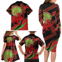 Welsh Celtic-Awen Family Matching Long Sleeve Bodycon Dress and Hawaiian Shirt Wales Y Ddraig Goch with Celtic Knot Sporty - Wonder Print Shop