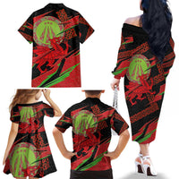 Welsh Celtic-Awen Family Matching Off The Shoulder Long Sleeve Dress and Hawaiian Shirt Wales Y Ddraig Goch with Celtic Knot Sporty - Wonder Print Shop