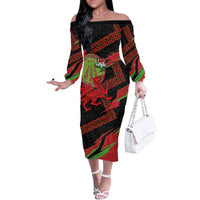 Welsh Celtic-Awen Family Matching Off The Shoulder Long Sleeve Dress and Hawaiian Shirt Wales Y Ddraig Goch with Celtic Knot Sporty - Wonder Print Shop
