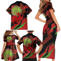 Welsh Celtic-Awen Family Matching Short Sleeve Bodycon Dress and Hawaiian Shirt Wales Y Ddraig Goch with Celtic Knot Sporty - Wonder Print Shop