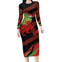 Welsh Celtic-Awen Long Sleeve Bodycon Dress Wales Y Ddraig Goch with Celtic Knot Sporty - Wonder Print Shop