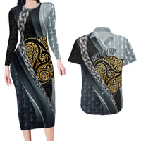 Brittany Triskele Celtic Couples Matching Long Sleeve Bodycon Dress and Hawaiian Shirt Silver and Gold Sporty Style - Wonder Print Shop