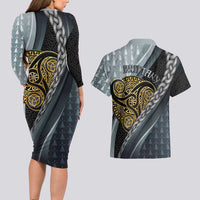Brittany Triskele Celtic Couples Matching Long Sleeve Bodycon Dress and Hawaiian Shirt Silver and Gold Sporty Style - Wonder Print Shop