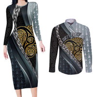 Brittany Triskele Celtic Couples Matching Long Sleeve Bodycon Dress and Long Sleeve Button Shirt Silver and Gold Sporty Style - Wonder Print Shop