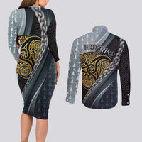 Brittany Triskele Celtic Couples Matching Long Sleeve Bodycon Dress and Long Sleeve Button Shirt Silver and Gold Sporty Style - Wonder Print Shop