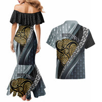Brittany Triskele Celtic Couples Matching Mermaid Dress and Hawaiian Shirt Silver and Gold Sporty Style - Wonder Print Shop