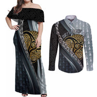 Brittany Triskele Celtic Couples Matching Off Shoulder Maxi Dress and Long Sleeve Button Shirt Silver and Gold Sporty Style - Wonder Print Shop