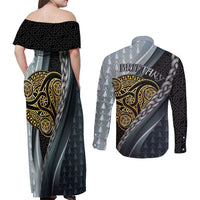 Brittany Triskele Celtic Couples Matching Off Shoulder Maxi Dress and Long Sleeve Button Shirt Silver and Gold Sporty Style - Wonder Print Shop