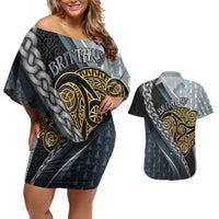 Brittany Triskele Celtic Couples Matching Off Shoulder Short Dress and Hawaiian Shirt Silver and Gold Sporty Style - Wonder Print Shop