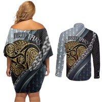 Brittany Triskele Celtic Couples Matching Off Shoulder Short Dress and Long Sleeve Button Shirt Silver and Gold Sporty Style - Wonder Print Shop